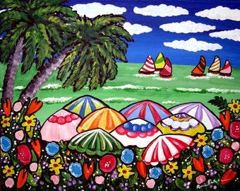 Tropical Beach Scene Whimsical Colorful Folk Art Giclee PRINT