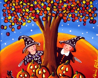 Halloween Little Witches Pumpkins Whimsical Folk Art Giclee PRINT