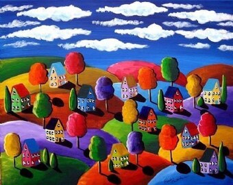 Fall Day Colorful Whimsical Folk Art Landscape Giclee Print