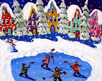 Kids Little Hockey Players Winter Snow Whimsical Colorful Folk Art Giclee PRINT