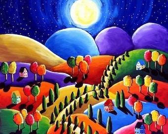 Peace on Earth Series Colorful Whimsical Folk Art Landscape Giclee Print