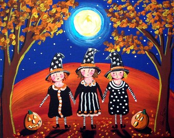 Three Little Witches Jack-O-Lanterns Pumpkins Folk Art Giclee PRINT
