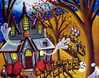 Haunted House Fall Halloween Kids Trick Treat Fun Whimsical Folk Art Giclee Print