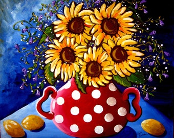 Sunflowers and Red Polka DotsColorful  Giclee PRINT Whimsical Folk Art