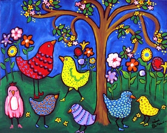 Colorful Birds and Flowers Fun Whimsical Colorful Folk Art Giclee PRINT