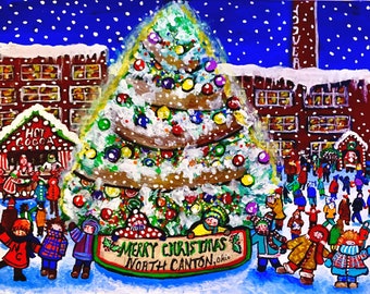 Christmas Community Sing North Canton Ohio Christmas Tree Whimsical Folk Art Giclee Print
