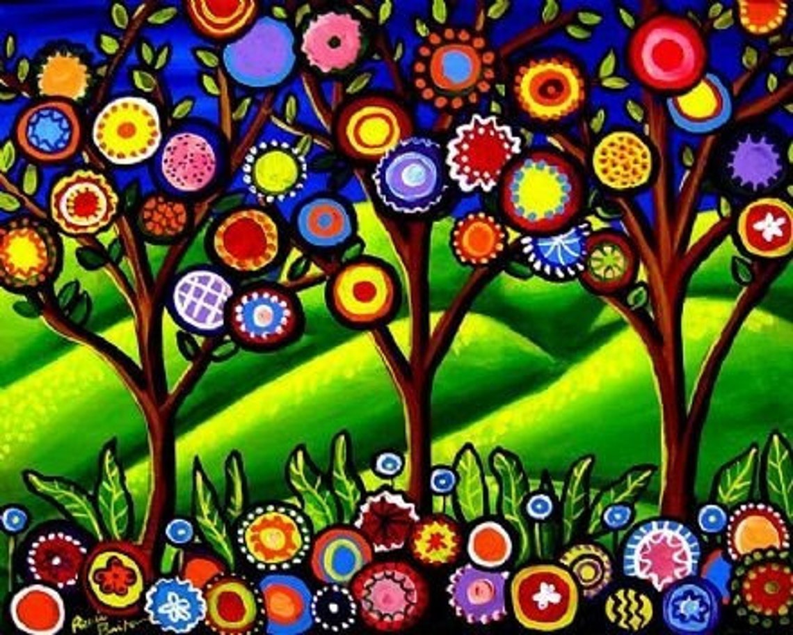 Folk Art Trees Blossoms Colorful Fun Funky Whimsical Giclee PRINT Etsy