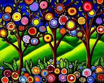 Folk Art Trees Blossoms Colorful Fun Funky Whimsical Giclee PRINT