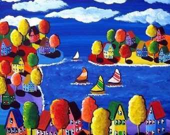 Fall Sailboats Trees Colorful Folk Art Giclee Print