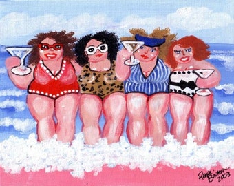 4 Beach Divas Girlfriends Colorful Humor Fun Whimsical Friends Folk Art