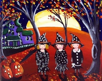 3 Witches Haunted House Halloween Folk Art Fun Print Giclee