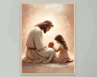 Él te ama, pintura cristiana, Jesús y una niña orando, Jesús con niños, imagen de Cristo, arte cristiano, arte SUD, impresión bíblica