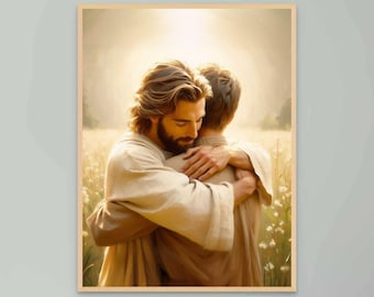 His Gentle Love, Digital Christian Art, Jesus and Man, Jesus Painting, LDS Art, Bible Art, Christian Poster, Jesus Wall Art, Jesus PNG