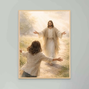 May include: A framed print depicts a serene scene of two figures with outstretched arms on a path. One figure is in a white robe, the other in a light-colored shirt and jeans. The background features a soft, natural landscape.
