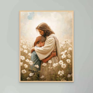 In His Embrace, Modern Christian Art, Jesus Hugging Boy, Jesus Picture, LDS Art, Bible Verse Wall Art, Jesus with Children, Jesus Printable