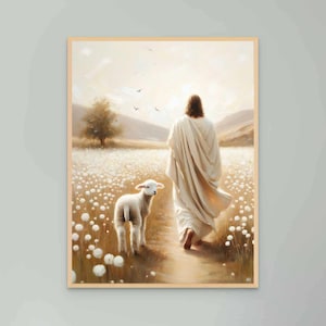 Journey of Faith, Digital Art, Jesus and Lamb, Christian Download, Jesus Leaves the 99, Bible Art, Catholic Art, Bible Printable Art