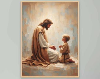 Pray to Him, Digital Art, Jesus with Boy, Picture of Christ, Nursery Children Art, LDS Prints, Jesus Poster, Christian Painting