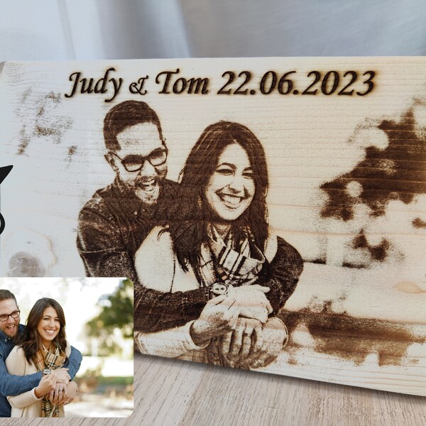 Custom Photo Engraved Wood Plaque - Personalized Rustic Timber Image, Burned Photo Wall Art & 5th Anniversary Gift For Couple