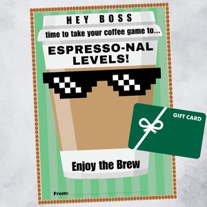 Titular de la tarjeta de regalo imprimible de café para el jefe, regalo para el amante del café, amante del espresso, perfecto para el día del jefe, promoción del jefe, regalo de fin de año