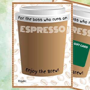 Titular de la tarjeta de regalo imprimible de café para el jefe, regalo para el amante del café, amante del espresso, perfecto para el día del jefe, promoción del jefe, regalo de fin de año