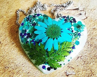 Blue Daisy Heart Necklace