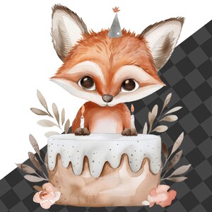 May include: A watercolor illustration of a fox wearing a party hat and holding a birthday cake with candles. The fox is brown and orange with a white muzzle and big brown eyes. The cake is decorated with white frosting and sprinkles. The background is a checkered pattern.