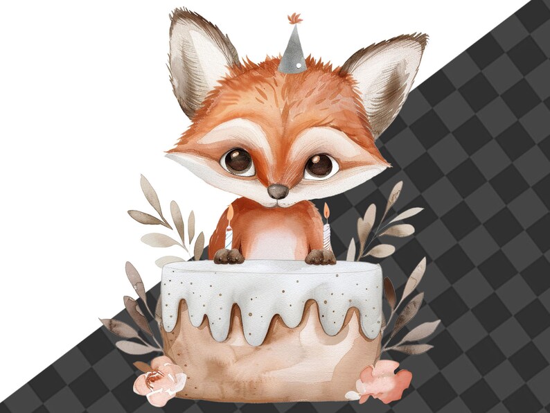May include: A watercolor illustration of a fox wearing a party hat and holding a birthday cake with candles. The fox is brown and orange with a white muzzle and big brown eyes. The cake is decorated with white frosting and sprinkles. The background is a checkered pattern.