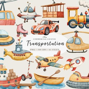 Aquarela berçário bonito transporte carro avião clipart, Bonito carro transporte clipart, Carro de corrida público clipart, Trem de brinquedo Ônibus escolar clipart