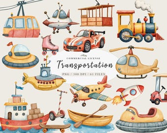 Watercolor nursery cute transport car airplane clipart, Cute car transport clipart, Public race car clipart, Toy train School bus clipart