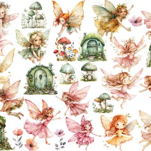 May include: Watercolor illustration of fairies with wings, flowers, mushrooms, and small houses. The fairies are wearing dresses and have long hair. The houses have doors and windows. The mushrooms are in various shapes and sizes. The flowers are in various colors.