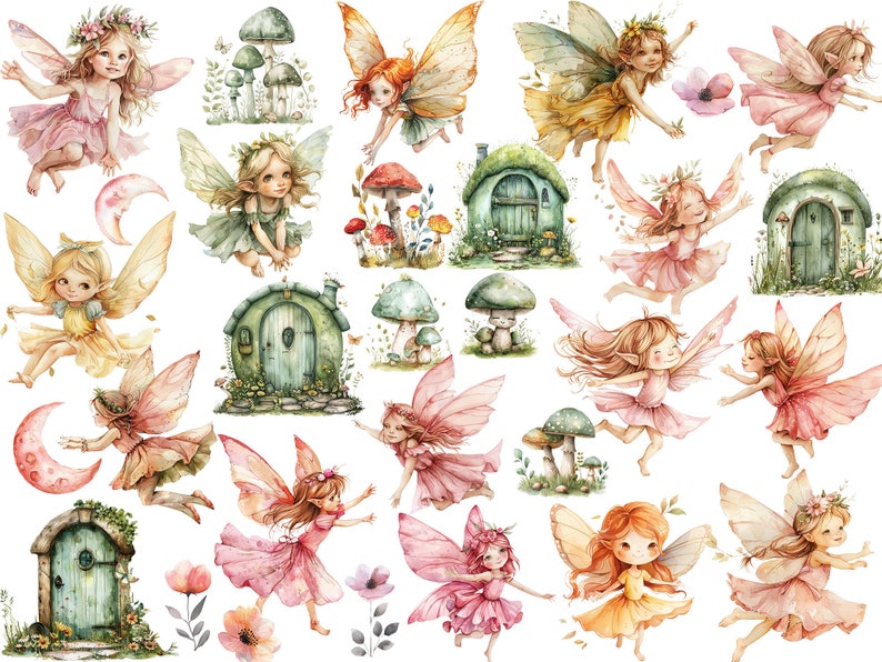May include: Watercolor illustration of fairies with wings, flowers, mushrooms, and small houses. The fairies are wearing dresses and have long hair. The houses have doors and windows. The mushrooms are in various shapes and sizes. The flowers are in various colors.