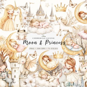 Princesa de ensueño con acuarela, luna, clipart, linda princesa negra y unicornio, princesita png, clipart de castillo mágico para bebé