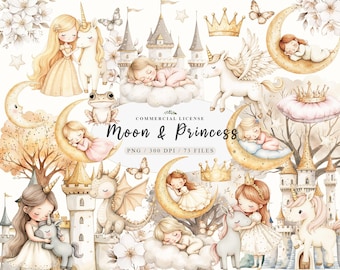 Op de afbeelding: Een set van 73 aquarel illustraties met een prinses en eenhoorn thema. De illustraties bevatten een prinses die slaapt op een halve maan, een eenhoorn met vleugels, een kasteel, een kikker, een draak en een kroon.
