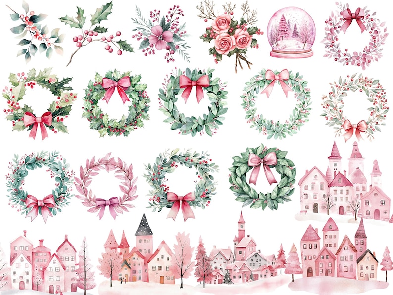 Pink trendy Christmas clipart bundle featuring Santa, boho blush woodland animals, and winter wreaths. Perfect for digital planners, printable stickers, invitations, and more. High-quality PNGs for instant download — ideal for holiday crafts, scrapbooking, and creative projects. Digital product only.