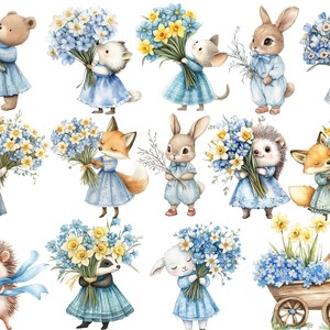 May include: Watercolour illustration of various animals holding bouquets of blue and yellow flowers. The animals include a bear, fox, rabbit, hedgehog, and a squirrel. The flowers are arranged in a whimsical and charming way.