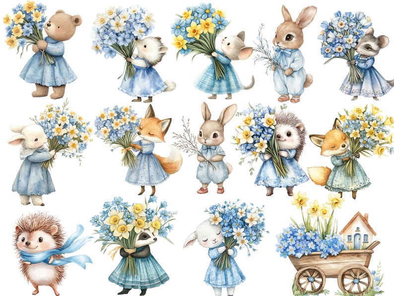 May include: Watercolour illustration of various animals holding bouquets of blue and yellow flowers. The animals include a bear, fox, rabbit, hedgehog, and a squirrel. The flowers are arranged in a whimsical and charming way.