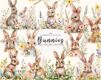Puede incluir: Un conjunto de 25 ilustraciones digitales de conejos lindos en estilo acuarela. Los conejos están rodeados de flores y vegetación. Las ilustraciones son perfectas para crear invitaciones, tarjetas y otras manualidades.