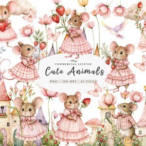 Aquarelle forêt mignon minnie mouse clipart, clipart maison florale de jardin, boho animaux de la forêt souris png, clipart bébé souris de jardin
