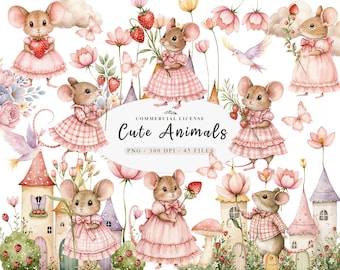 Watercolor forest cute minnie mouse clipart, Garden floral house clipart, Boho woodland animals mouse png, Baby garden mouse clipart