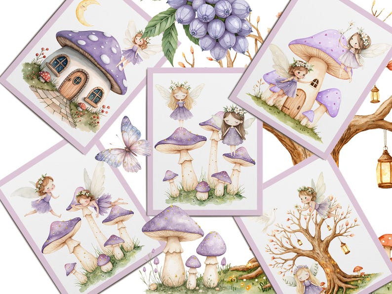 Watercolor Magical Garden Purple Fairies Clipart Bundle, Nature Cute ...
