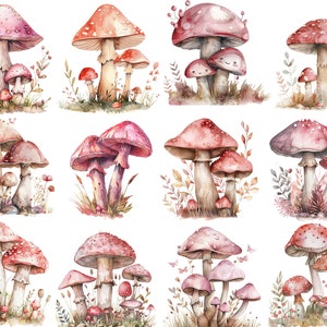 May include: Watercolor illustration of red and white mushrooms with brown stems and white spots. The mushrooms are surrounded by green leaves and brown stems.