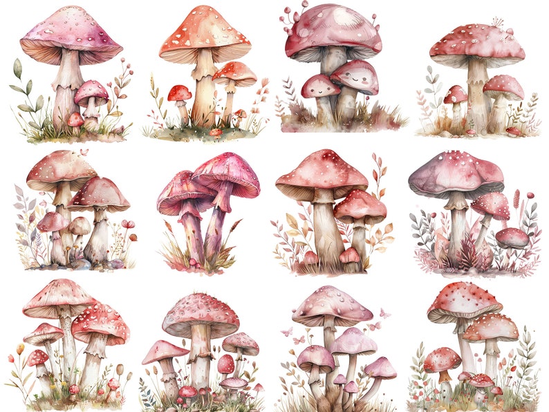 May include: Watercolor illustration of red and white mushrooms with brown stems and white spots. The mushrooms are surrounded by green leaves and brown stems.