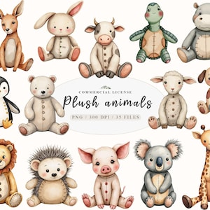 Aquarela Vintage malha pelúcia bebê animais clipart, Vintage boho brinquedos animais png, Berçário animais png, Pelúcia Boho bebê clipart