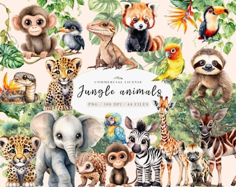 Clipart di animali della giungla del safari ad acquerello per l'arte della cameretta dei bambini, pacchetto PNG di animali della giungla stravaganti, decorazioni per la cameretta dei bambini del safari, simpatici cuccioli di animali