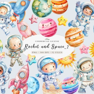 Astronaut Geburtstagsparty Clipart, kleines Astronaut Png-Pack Bundle, Galaxie Weltraum Party Clipart, Aquarell Galaxie Rakete png