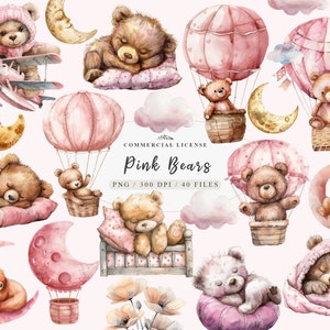 Pacote de ursinho de pelúcia rosa, Clipart de bebê urso, Sinal de bons sonhos, Clipart de menina bebê, primeiro aniversário de urso, Clipart kawaii, Uso comercial gratuito