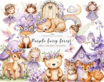Op de afbeelding: Digitale clipartset Paarse feeënwoud met 35 bestanden. Bevat illustraties van feeën, dieren, bloemen, een regenboog, een deur en een wolk. Aquarel stijl.