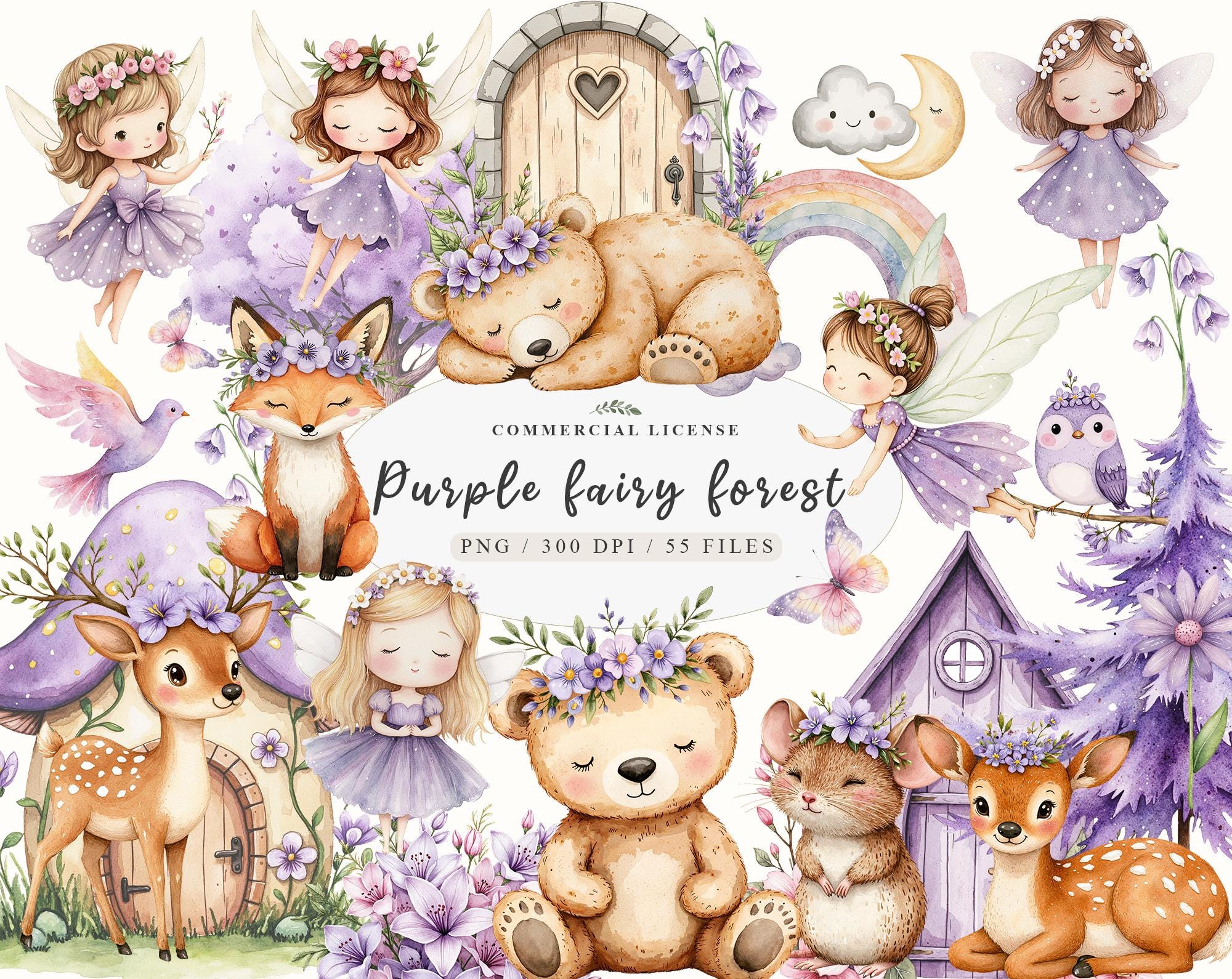 Watercolor Magical Garden Purple Fairies Clipart Bundle, Cute Forest ...