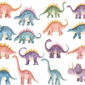 Watercolor dinosaur clipart set with pink, blue, green and purple baby dinosaurs, star patterns, horns, spikes and long neck poses for printable kids nursery art.