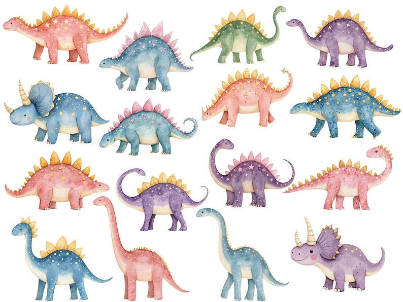 Watercolor dinosaur clipart set with pink, blue, green and purple baby dinosaurs, star patterns, horns, spikes and long neck poses for printable kids nursery art.